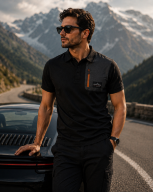 black polo men Dutch Peak premium black polo shirt for men with travel-inspired design Men's luxury automotive lifestyle polo shirt by Dutch Peak Premium black polo shirt for travelers and explorers Dutch Peak Explorer Polo Shirt front view Stylish men's polo shirt for road trips and casual wear Premium travel lifestyle clothing for men Black polo shirt with utility pocket detail Automotive fashion polo shirt for men Luxury casual polo shirt by Dutch Peak Explorer-inspired premium men's